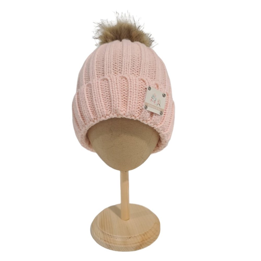 Hunter Knit Beanie With Faux Fur Pom Pom, Pink